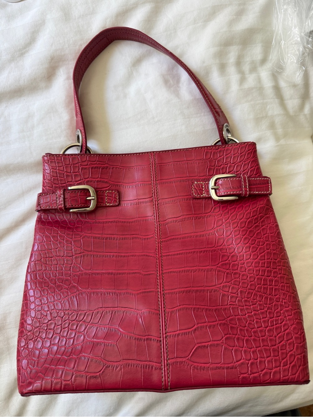 Tommy Hilfiger Croc-Embossed Leather Bag w/ buckle Hardware Red Shoulder